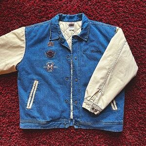 Vintage 90s Disney Mickey Mouse bomber jacket - denim and white/cream.